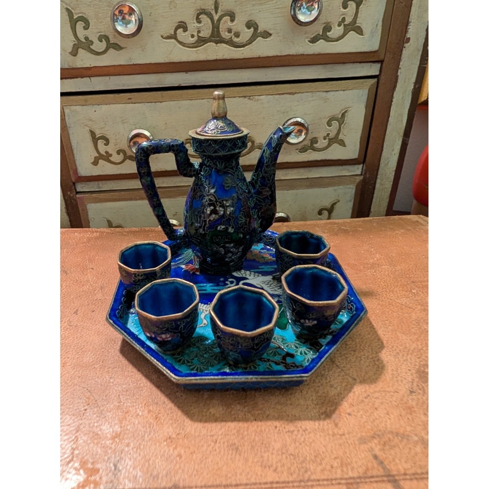 Vintage Chinese Cloisonne Miniature Tea Set Cobalt Blue Crane Octagonal Tray 7pc